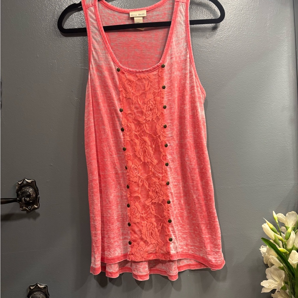 Tru Self Coral Pink Semi-Sheer Lace-Front Tank Top Summer Lightweight Layering